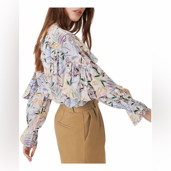 Maje Floral Ruffle Printed Long Sleeve Blouse Letrany Top Size Small - Picture 4 of 9